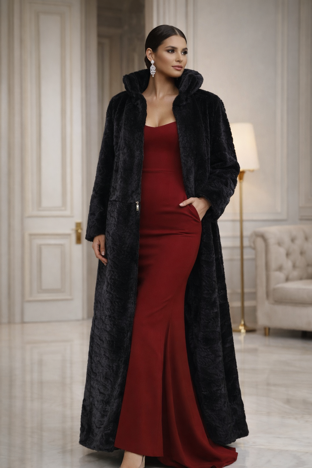 Elegant Zipper Fur Coat 4 × 1